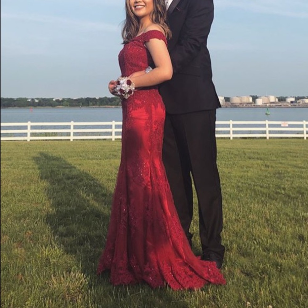 Burgundy Red Lace Off Shoulder Prom Dress